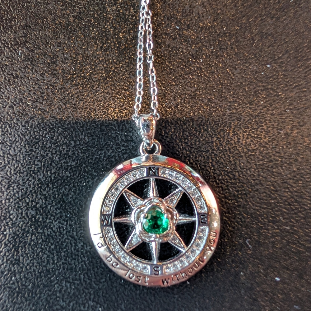 Elegant Silver 925 Compass Pendant Necklace With A  May Birthstone In Middle,